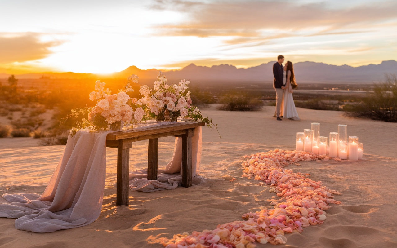 Romantic desert proposal setup in Las Vegas featuring candlelight, blush rose petals, soft draping, and floral arrangements at sunset.