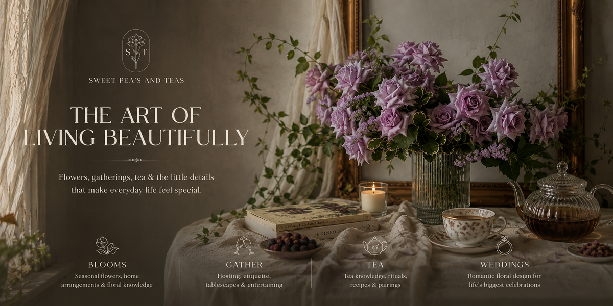 Sweet Pea’s & Teas floral and tea lifestyle featuring lavender roses, tea service and elegant home entertaining in Las Vegas.